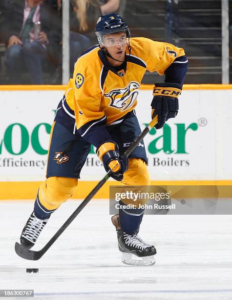 Seth Jones of the Nashville Predators skates against the Winnipeg Jets at Bridgestone Arena on October 24, 2013 in Nashville, Tennessee.