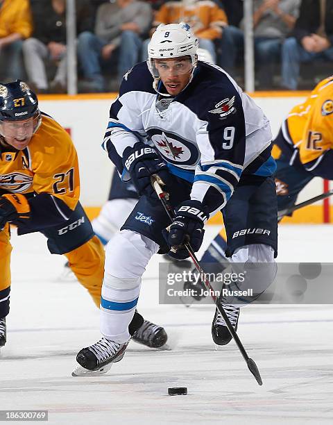 Evander Kane of the Winnipeg Jets skates against the Nashville Predators at Bridgestone Arena on October 24, 2013 in Nashville, Tennessee.