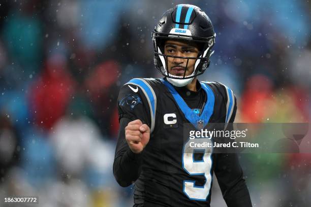 Bryce Young of the Carolina Panthers reacts during the second half of the game against the Atlanta Falcons at Bank of America Stadium on December 17,...