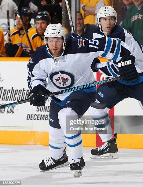 Matt Halischuk of the Winnipeg Jets skates against the Nashville Predators at Bridgestone Arena on October 24, 2013 in Nashville, Tennessee.