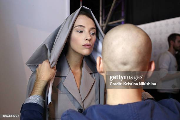 Designer Anton Galecki is seen backstage at the Atelier Galetsky show during Mercedes-Benz Fashion Week Russia S/S 2014 on October 30, 2013 in...