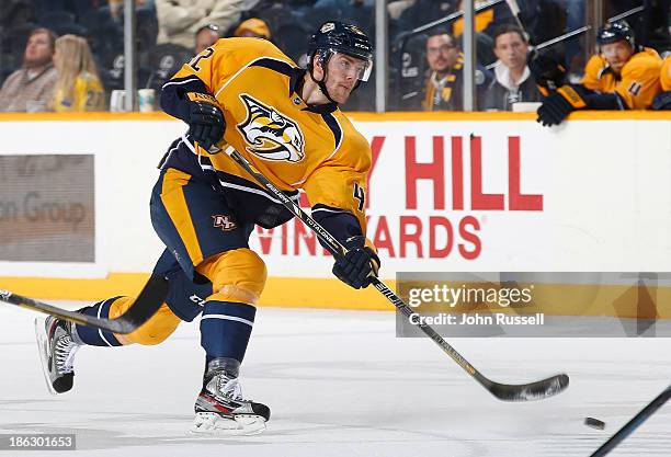 Mattias Ekholm of the Nashville Predators skates against the Winnipeg Jets at Bridgestone Arena on October 24, 2013 in Nashville, Tennessee.