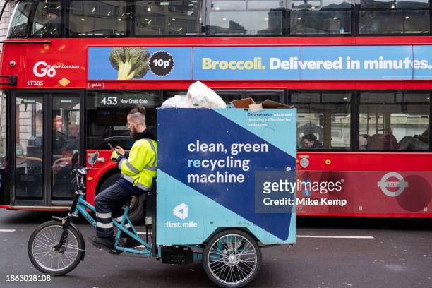 Clean green recycling machine zero-emission electric cargo bike from the waste management company First Mile on 4th December 2023 in London, United...