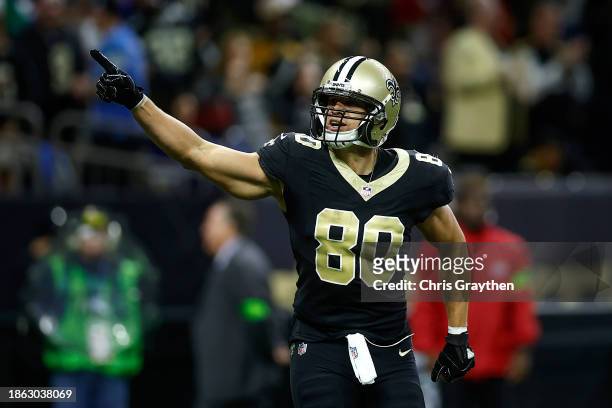 Jimmy Graham of the New Orleans Saints reacts after a touchdown during the second half of the game against the New York Giants at Caesars Superdome...