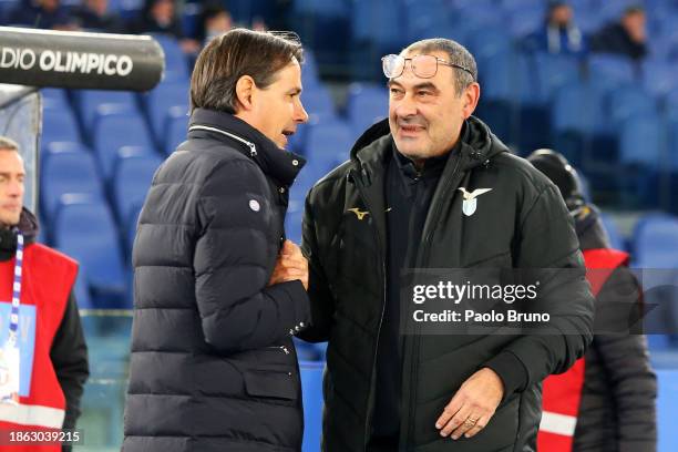 Maurizio Sarri, Head Coach of SS Lazio and Simone Inzaghi, Head Coach of FC Internazionale, interact prior to the Serie A TIM match between SS Lazio...
