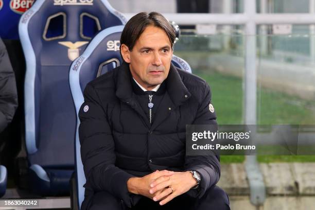 Simone Inzaghi, Head Coach of FC Internazionale, looks on prior to the Serie A TIM match between SS Lazio and FC Internazionale at Stadio Olimpico on...