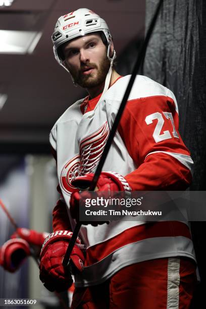 Michael Rasmussen of the Detroit Red Wings looks on before playing against the Philadelphia Flyers at the Wells Fargo Center on December 16, 2023 in...