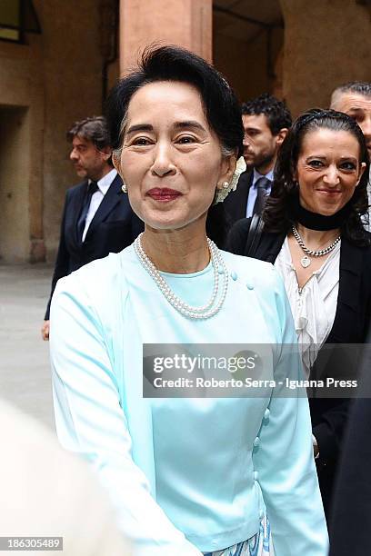 Nobel Peace Laureate Aung San Suu Kyi arrivals at D'Accursio Palace to receives the honorary citizenship on October 30, 2013 in Bologna, Italy.