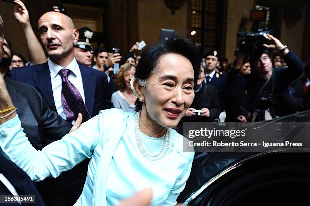 Nobel Peace Laureate Aung San Suu Kyi leave D'Accursio Palace after receives the honorary citizenship on October 30, 2013 in Bologna, Italy.