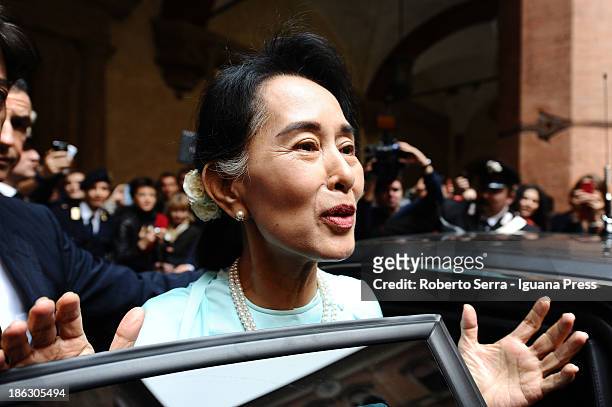 Nobel Peace Laureate Aung San Suu Kyi leave D'Accursio Palace after receives the honorary citizenship on October 30, 2013 in Bologna, Italy.
