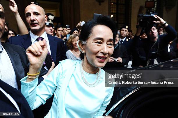 Nobel Peace Laureate Aung San Suu Kyi leave D'Accursio Palace after receives the honorary citizenship on October 30, 2013 in Bologna, Italy.