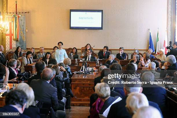 Nobel Peace Laureate Aung San Suu Kyi receives the honorary citizenship from Virginio Merola Mayor of Bologna at D'Accursio Palace to on October 30,...