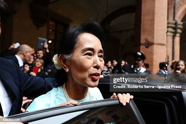 Nobel Peace Laureate Aung San Suu Kyi leave D'Accursio Palace after receives the honorary citizenship on October 30, 2013 in Bologna, Italy.