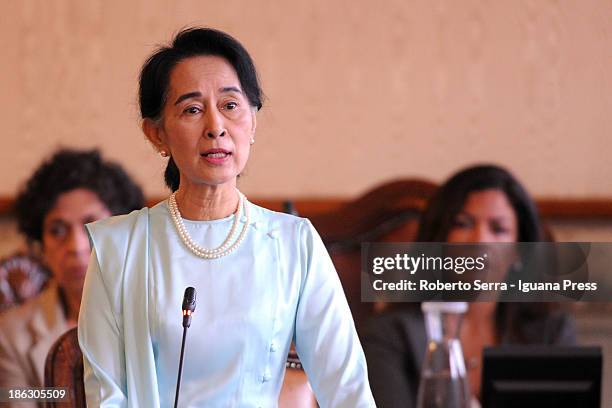 Nobel Peace Laureate Aung San Suu Kyi receives the honorary citizenship from Virginio Merola Mayor of Bologna at D'Accursio Palace to on October 30,...