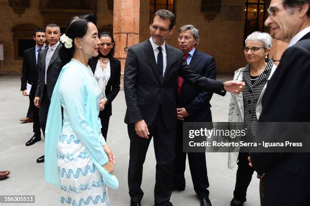 Nobel Peace Laureate Aung San Suu Kyi meet Virginio Merola Mayor of Bologna at D'Accursio Palace to receives the honorary citizenship on October 30,...