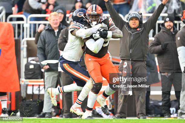 David Njoku of the Cleveland Browns runs for yards after a catch during the fourth quarter of a game against the Chicago Bears at Cleveland Browns...