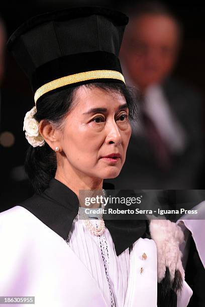 Nobel Peace Laureate Aung San Suu Kyi receives an honorary degree in philosophy from Ivano Dionigi, Rector of the University of Bologna , at Aula...