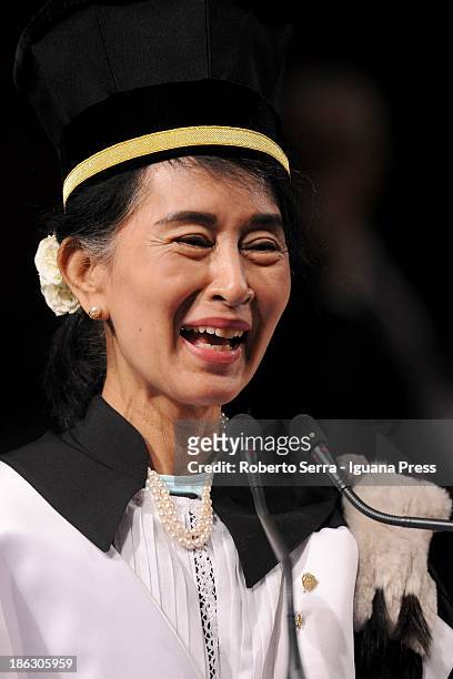 Nobel Peace Laureate Aung San Suu Kyi receives an honorary degree in philosophy from Ivano Dionigi, Rector of the University of Bologna , at Aula...