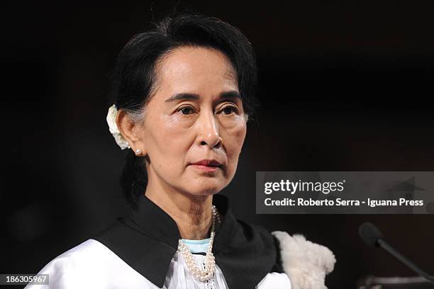 Nobel Peace Laureate Aung San Suu Kyi receives an honorary degree in philosophy from Ivano Dionigi, Rector of the University of Bologna , at Aula...