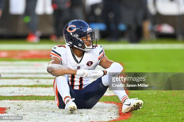 Darnell Mooney of the Chicago Bears reacts after failing to haul in a Hail Mary pass in the end zone during the fourth quarter of a game against the...