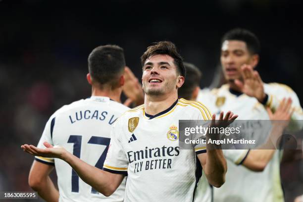 Brahim Diaz of Real Madrid celebrates scoring their team's third goal during the LaLiga EA Sports match between Real Madrid CF and Villarreal CF at...