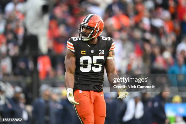 Myles Garrett of the Cleveland Browns reacts during the fourth quarter of a game against the Chicago Bears at Cleveland Browns Stadium on December...