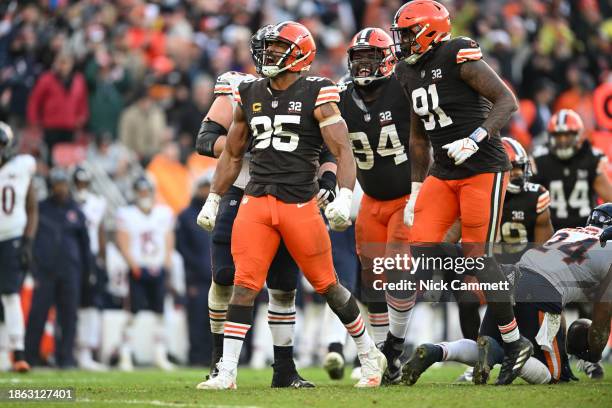 Myles Garrett of the Cleveland Browns reacts during the fourth quarter of a game against the Chicago Bears at Cleveland Browns Stadium on December...