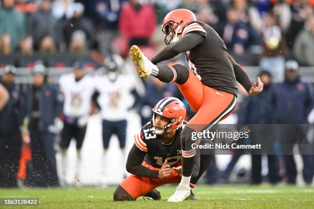 Dustin Hopkins of the Cleveland Browns kicks a field goal during the fourth quarter of a game against the Chicago Bears at Cleveland Browns Stadium...