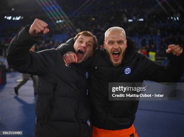 Federico Di Marco and Nicolo Barella of FC Internazionale celebrates the win at the end of the Serie A TIM match between SS Lazio and FC...