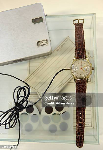 Watch used as a microphone, connected to a recorder, produced in Switzerland in the 1960s by the NAGRA company, is displayed at the Stasi , or East...