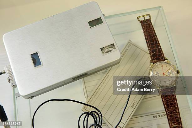 Watch used as a microphone, connected to a recorder, produced in Switzerland in the 1960s by the NAGRA company, is displayed at the Stasi , or East...