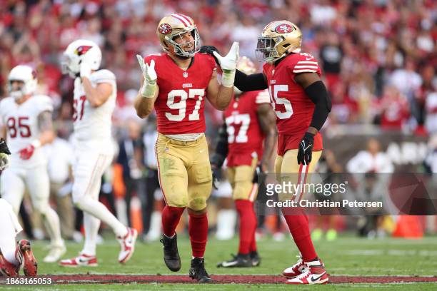 Nick Bosa of the San Francisco 49ers reacts after sacking Kyler Murray of the Arizona Cardinals during the first quarter at State Farm Stadium on...