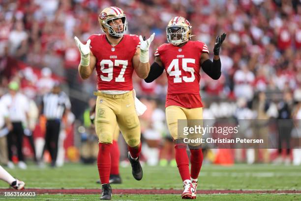 Nick Bosa of the San Francisco 49ers reacts after sacking Kyler Murray of the Arizona Cardinals during the first quarter at State Farm Stadium on...