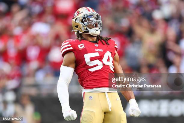 Fred Warner of the San Francisco 49ers reacts during the first half of a game against the Arizona Cardinals at State Farm Stadium on December 17,...