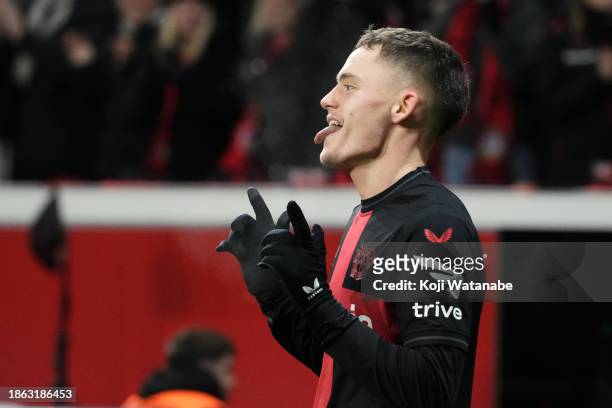 Florian Wirtz of Leverkusen celebrates his team's third goal during the Bundesliga match between Bayer 04 Leverkusen and Eintracht Frankfurt at...