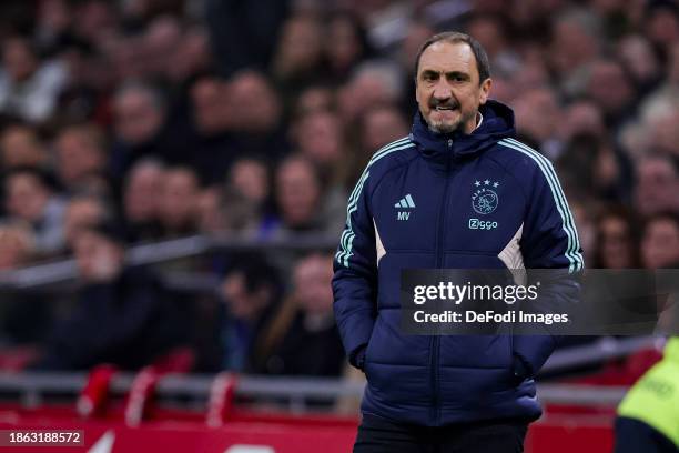 Coach Michael Valkanis of AFC Ajax looks on during the Dutch Eredivisie match between AFC Ajax and PEC Zwolle at Johan Cruijff Arena on December 17,...