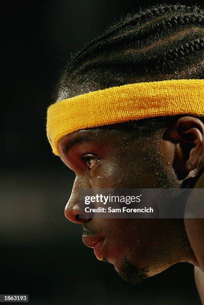 Jermaine O'Neal of the Indiana Pacers watches the game against the Portland Trail Blazers at Rose Garden on March 8, 2003 in Portland, Oregon. The...