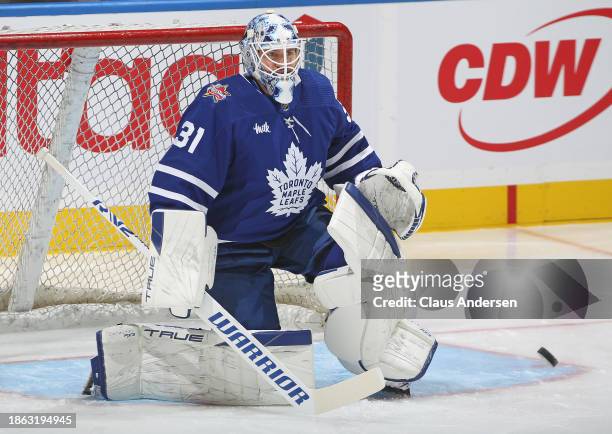 Martin Jones of the Toronto Maple Leafs warms up prior to action against the Pittsburgh Penguins in an NHL game at Scotiabank Arena on December 16,...