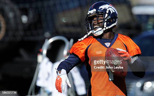 Denver Broncos Trindon Holliday smiles after catching a pass during practice on October 30, 2013 at Dove Valley. The players swapped jerseys for...