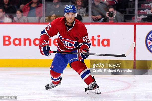 Francis Bouillon of the Montreal Canadiens skates during the NHL game against the Nashville Predators at the Bell Centre on October 19, 2013 in...