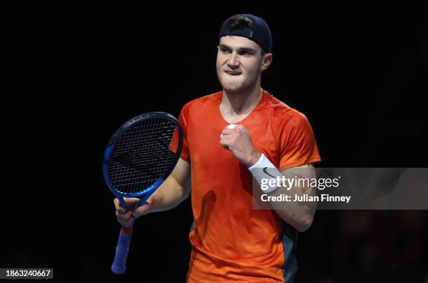 Jack 'The Power' Draper of Great Britain celebrates against Holger 'The Viking' Rune in the Final match during Day Three of the UTS Grand Final...