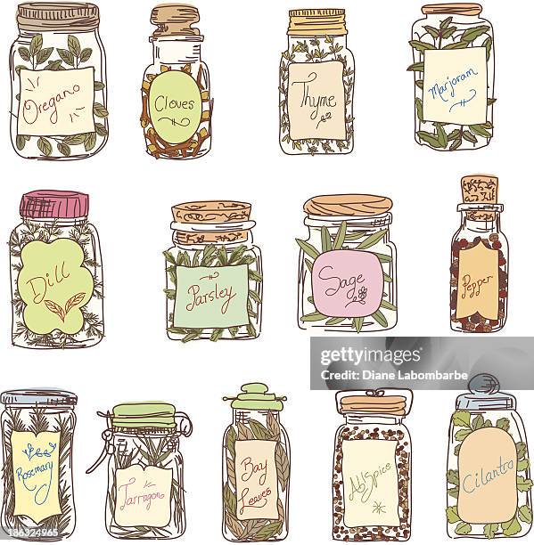 ilustrações de stock, clip art, desenhos animados e ícones de animados jarros de plantas aromáticas & especiarias - jar