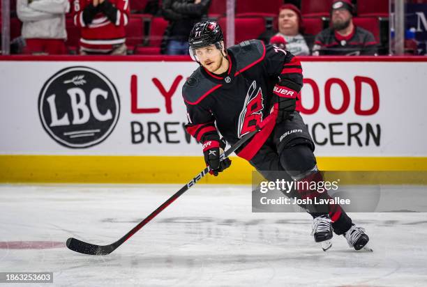Jesper Fast of the Carolina Hurricanes warms up prior to a game against the Washington Capitals at PNC Arena on December 17, 2023 in Raleigh, North...