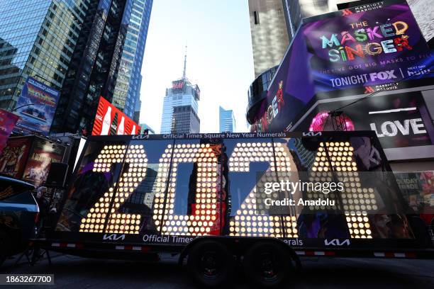 View of the New Year's Eve '2024' Numerals, to be lit up at midnight on December 31, in New York's world-famous Times Square in United States on...