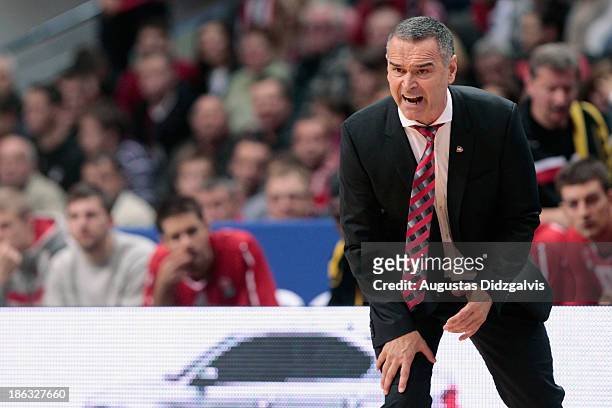 Dirk Bauermann, Head Coach of Lietuvos Rytas Vilnius reacts during the 2013-2014 Turkish Airlines Euroleague Regular Season Date 3 game between...