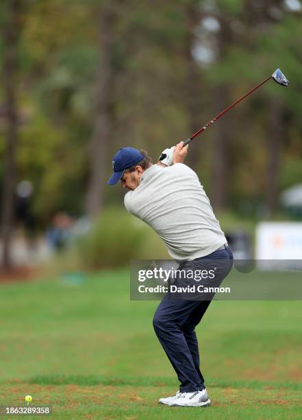 Sir Nick Faldo of England plays his tee shot on the 18th hole during the final round of the PNC Championship at The Ritz-Carlton Golf Club on...