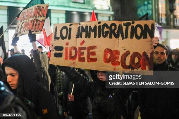Protestor holds a placard that reads "Immigration law = stupid idea" during a demonstration against France's new immigration law in Rennes, western...