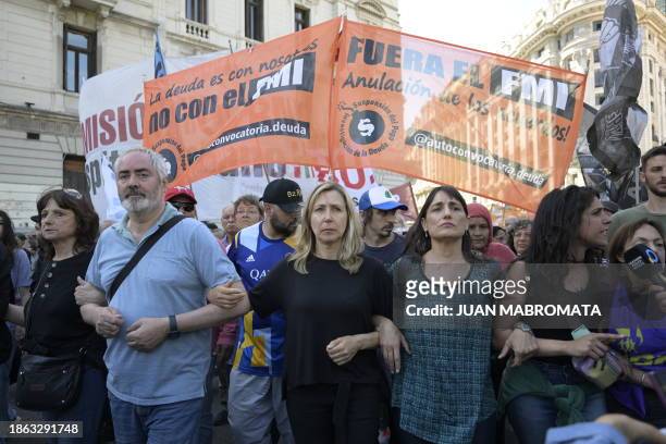 Argentina's former presidential candidate for the Frente de Izquierda y de los Trabajadores-Unidad party, Myriam Bregman , protests during the first...