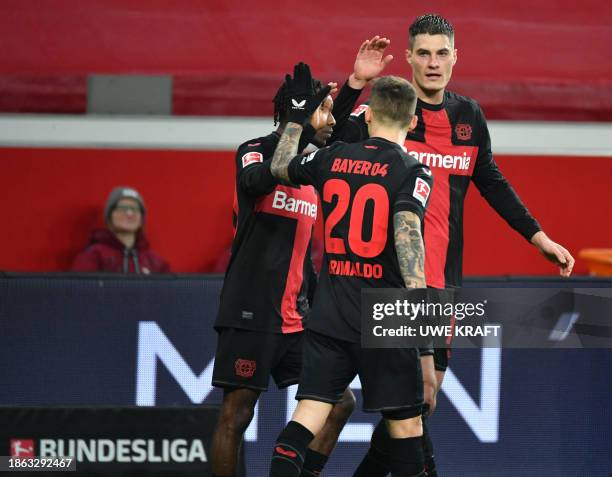 Bayer Leverkusen's Czech forward Patrik Schick celebrates his 2-0 during the German first division Bundesliga football match between Bayer 04...