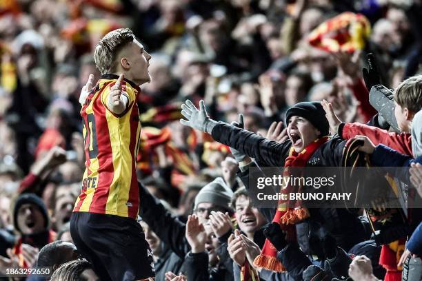 Mechelen's Norman Bassette celebrates after scoring during a soccer match between KV Mechelen and Standard de Liege Wednesday 20 December 2023 in...